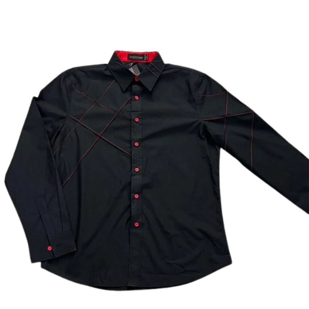 NWT Jeansian Men's Button-Down Long-Sleeve Flip Cuff Black/Red Shirt - Size XL